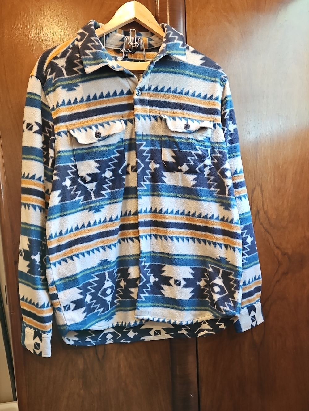 Men's Southwestern Print Fleece Button Down Shirt in Blue & Tan - Size M